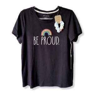 Women Pride Month BE PROUD Black Tee Shirt Top M Rainbow LGBTQ Scrunchie NEW